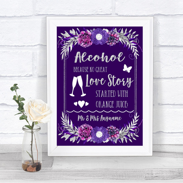 Purple & Silver Alcohol Bar Love Story Personalized Wedding Sign