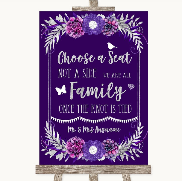 Purple & Silver Choose A Seat We Are All Family Personalized Wedding Sign