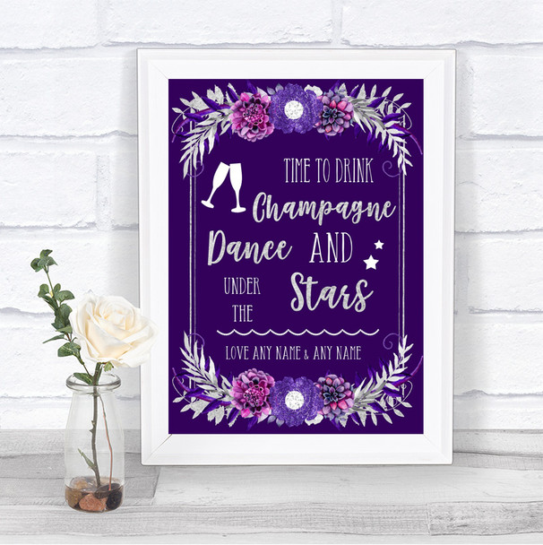 Purple & Silver Drink Champagne Dance Stars Personalized Wedding Sign