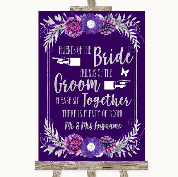 Purple & Silver Friends Of The Bride Groom Seating Personalized Wedding Sign