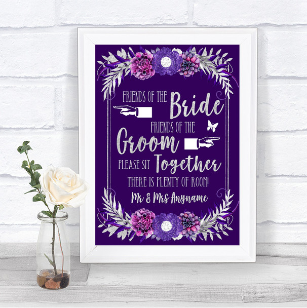 Purple & Silver Friends Of The Bride Groom Seating Personalized Wedding Sign