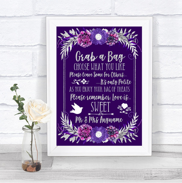 Purple & Silver Grab A Bag Candy Buffet Cart Sweets Personalized Wedding Sign