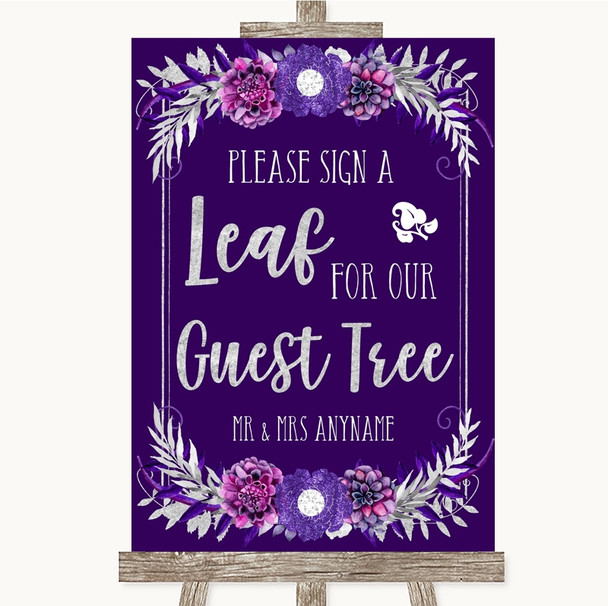 Purple & Silver Guest Tree Leaf Personalized Wedding Sign