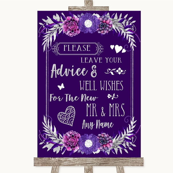 Purple & Silver Guestbook Advice & Wishes Mr & Mrs Personalized Wedding Sign