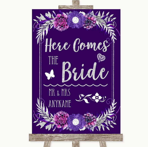 Purple & Silver Here Comes Bride Aisle Personalized Wedding Sign