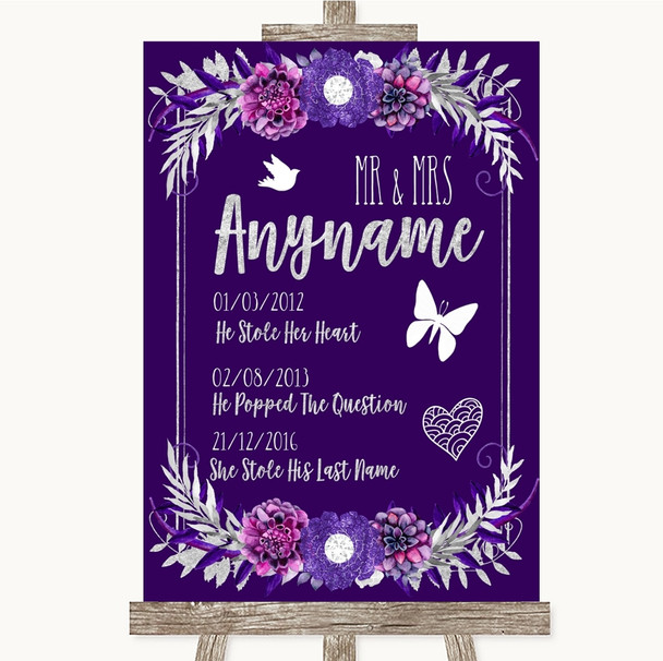 Purple & Silver Important Special Dates Personalized Wedding Sign