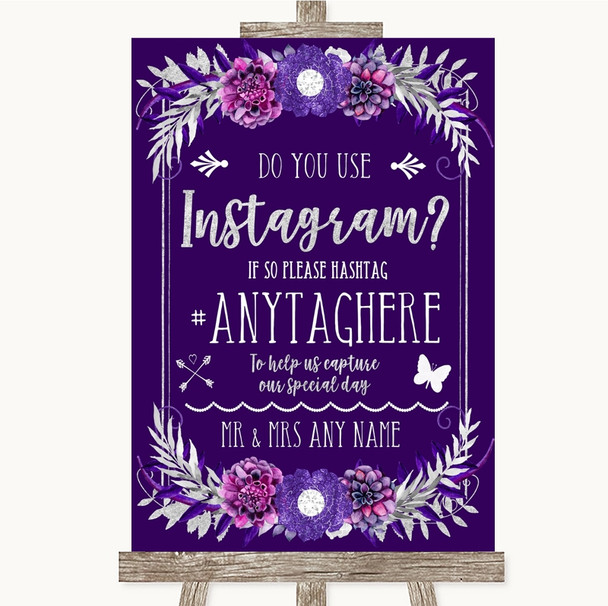 Purple & Silver Instagram Photo Sharing Personalized Wedding Sign