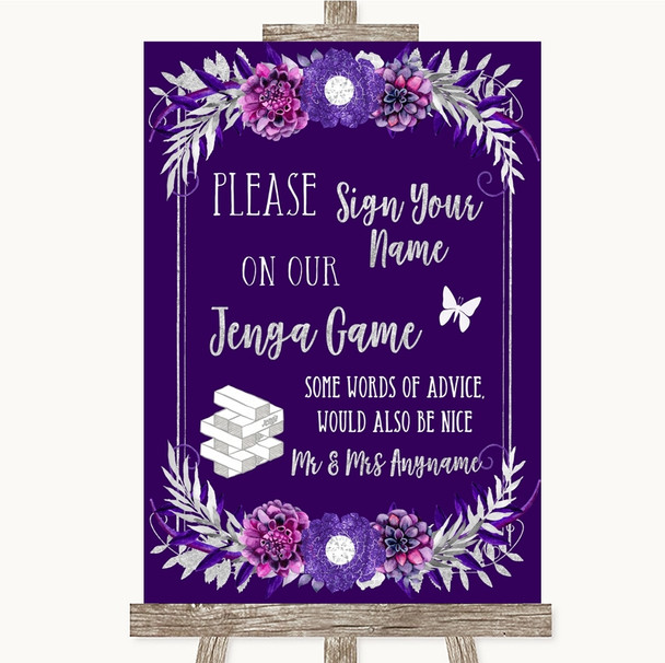 Purple & Silver Jenga Guest Book Personalized Wedding Sign