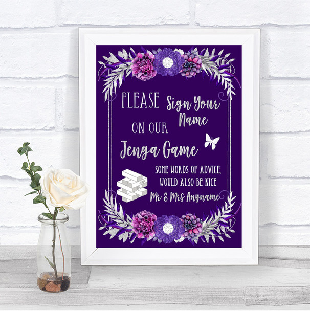 Purple & Silver Jenga Guest Book Personalized Wedding Sign