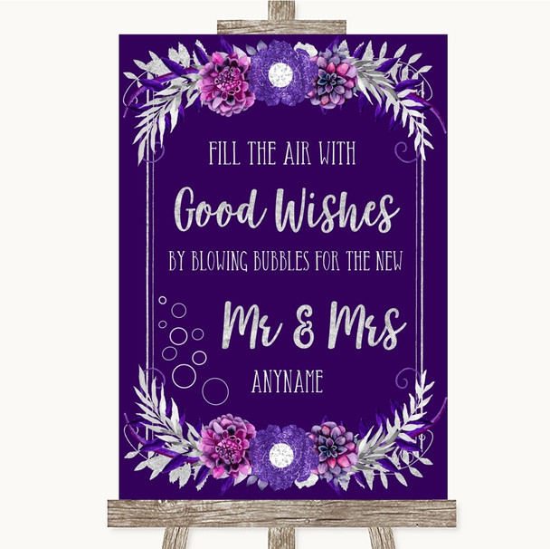 Purple & Silver Blow Bubbles Personalized Wedding Sign