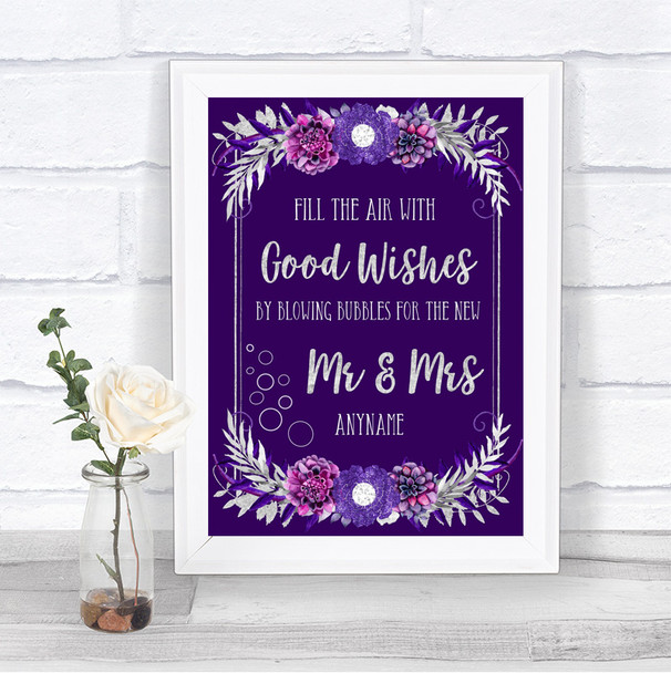 Purple & Silver Blow Bubbles Personalized Wedding Sign