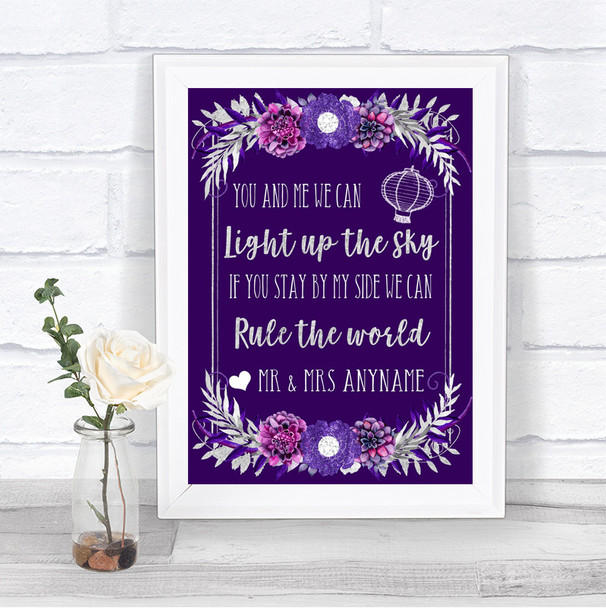 Purple & Silver Light Up The Sky Rule The World Personalized Wedding Sign