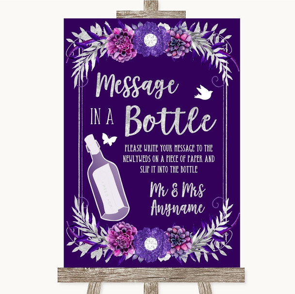 Purple & Silver Message In A Bottle Personalized Wedding Sign
