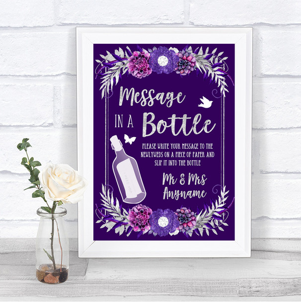 Purple & Silver Message In A Bottle Personalized Wedding Sign