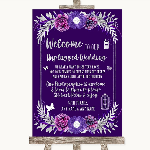 Purple & Silver No Phone Camera Unplugged Personalized Wedding Sign