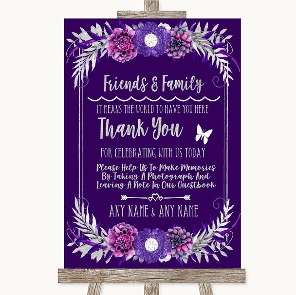 Purple & Silver Photo Guestbook Friends & Family Personalized Wedding Sign