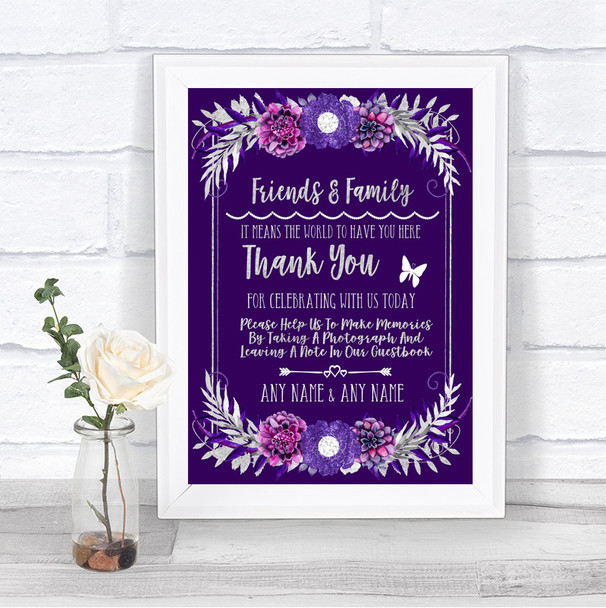 Purple & Silver Photo Guestbook Friends & Family Personalized Wedding Sign