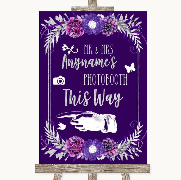 Purple & Silver Photobooth This Way Left Personalized Wedding Sign