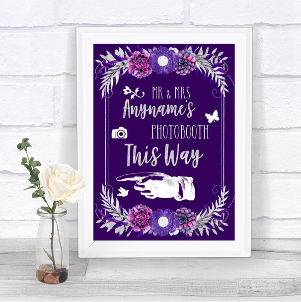 Purple & Silver Photobooth This Way Left Personalized Wedding Sign