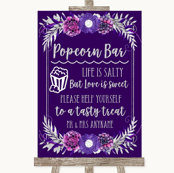 Purple & Silver Popcorn Bar Personalized Wedding Sign