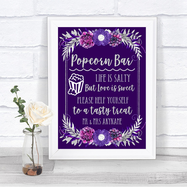 Purple & Silver Popcorn Bar Personalized Wedding Sign