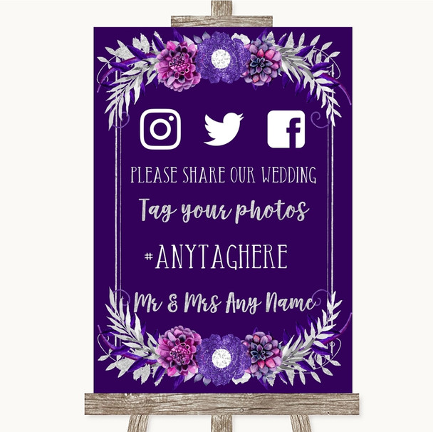 Purple & Silver Social Media Hashtag Photos Personalized Wedding Sign