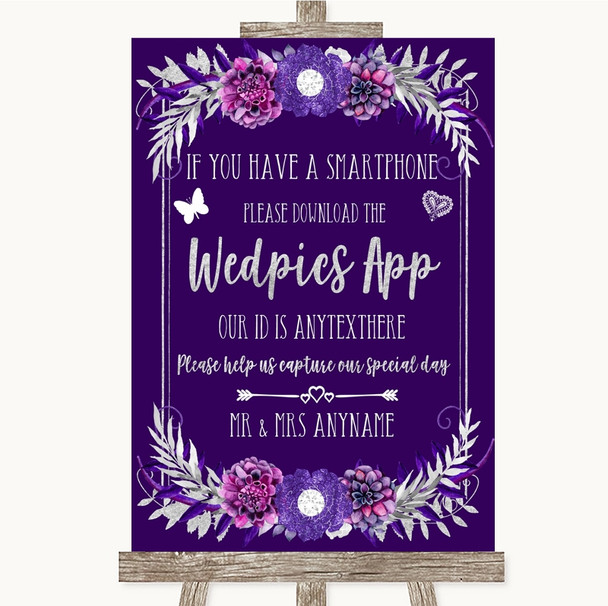 Purple & Silver Wedpics App Photos Personalized Wedding Sign