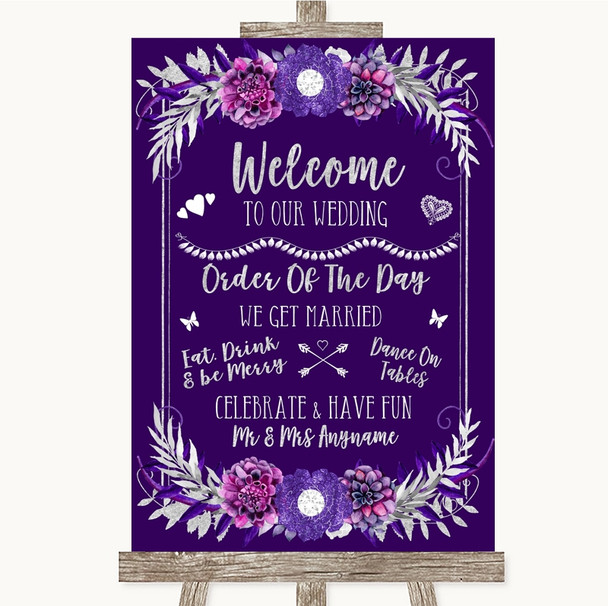 Purple & Silver Welcome Order Of The Day Personalized Wedding Sign