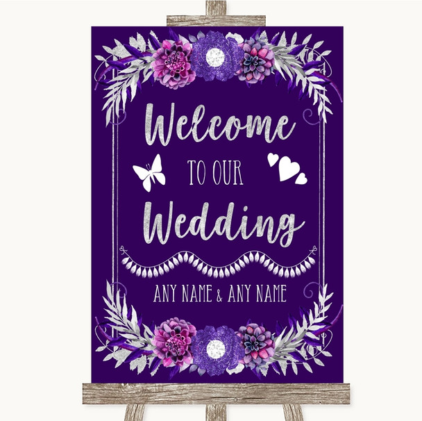 Purple & Silver Welcome To Our Wedding Personalized Wedding Sign