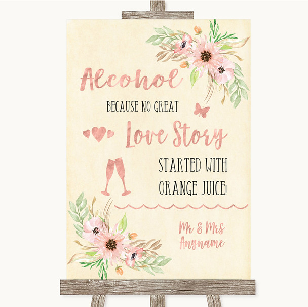 Blush Peach Floral Alcohol Bar Love Story Personalized Wedding Sign