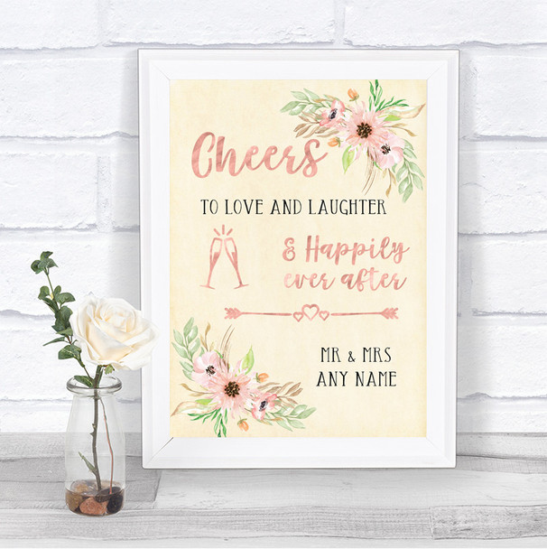 Blush Peach Floral Cheers To Love Personalized Wedding Sign