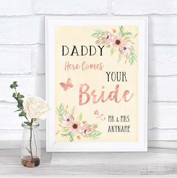Blush Peach Floral Daddy Here Comes Your Bride Personalized Wedding Sign