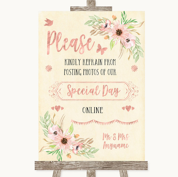 Blush Peach Floral Don't Post Photos Online Social Media Wedding Sign