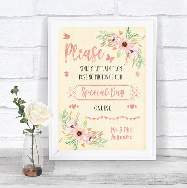 Blush Peach Floral Don't Post Photos Online Social Media Wedding Sign