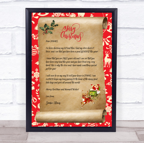 Santa Claus Christmas Scroll Letter Certificate Award Print - Red Heart ...