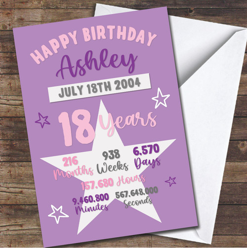 18th Info Month Week Day Hour Min Star Pink Purple Any Age Birthday ...