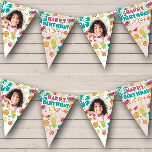 colorful Floral Hawaiian Fruit Photo Birthday Personalized Banner