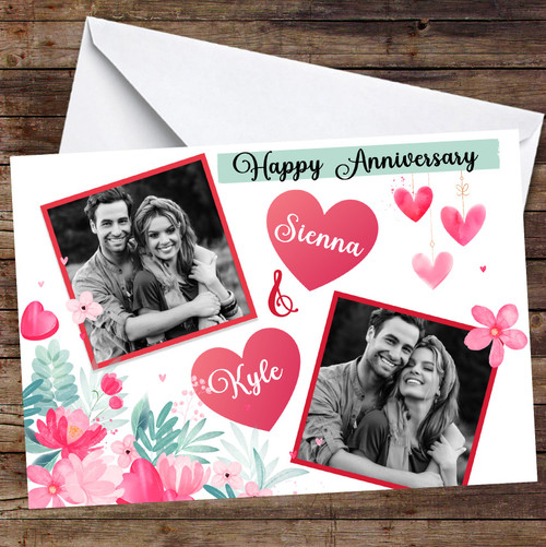 Personalized Floral Hearts Photo Frames Anniversary Card - Red Heart Print