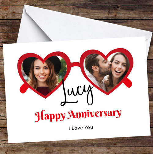 Personalized Love Hearts Sunglasses Photo Anniversary Card - Red Heart ...
