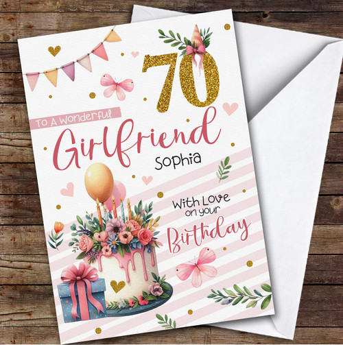 Personalized Girlfriend 70th Birthday Card Cake Butterflies - Red Heart ...