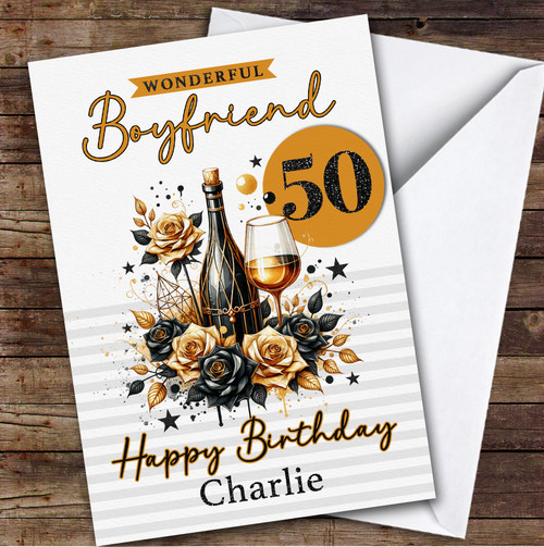 Personalized 50th Birthday Card For Boyfriend Champagne - Red Heart Print
