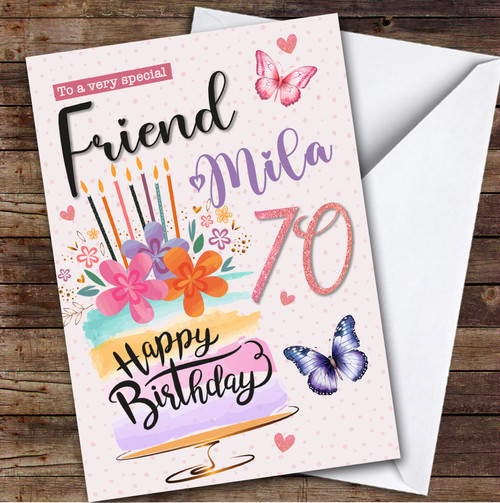 Personalized Female Friend 70th Birthday Card Cake - Red Heart Print