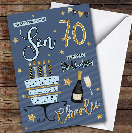 Personalized Son 70th Blue Gold Birthday Card Cake - Red Heart Print