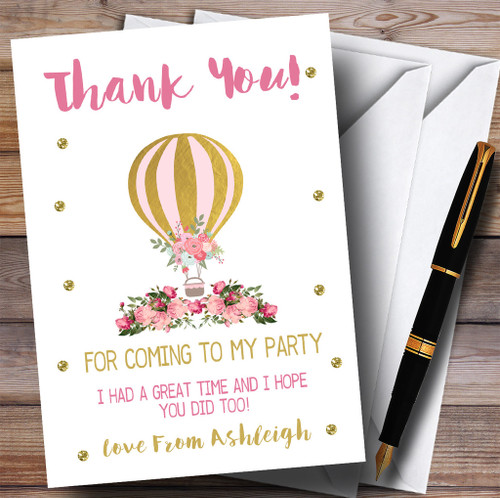 Pretty Pink Floral Hot Air Balloon Party Thank You Cards - Red Heart Print