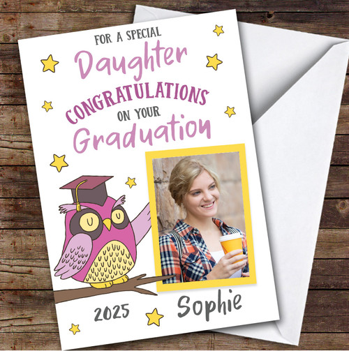 Personalized Graduation Card For Daughter Photo Pink Owl - Red Heart Print