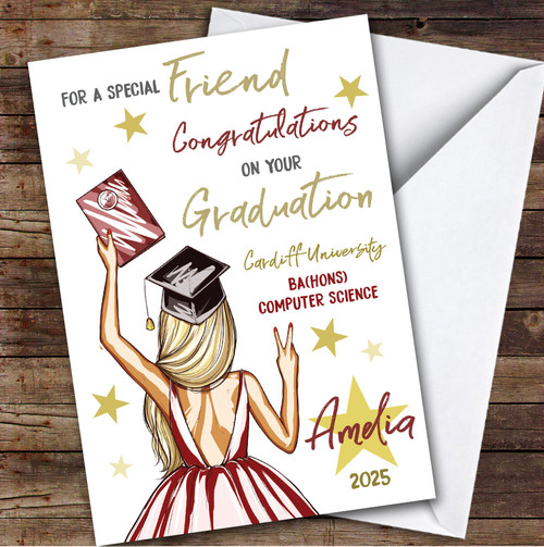 Personalized Graduation Card For Friend Blonde Girl - Red Heart Print Personalized Graduation Card For Friend Blonde Girl - Red Heart Print