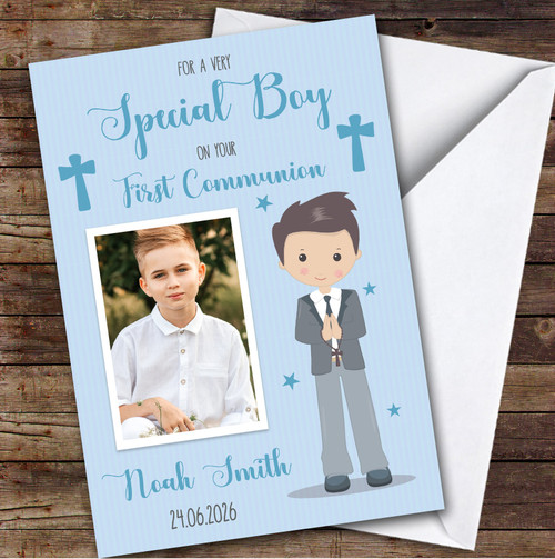 Personalized First Holy Communion Card For Anyone Photo Blue Boy - Red ...
