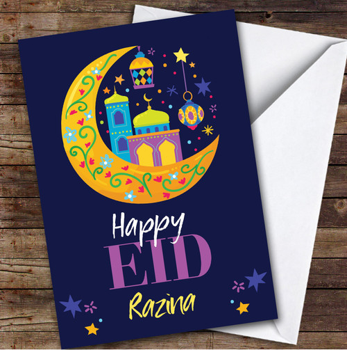 Personalized Eid Card For Anyone Moon Dark - Red Heart Print
