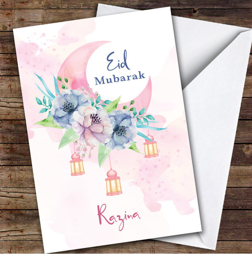Personalized Eid Card For Anyone Moon Pink Floral - Red Heart Print