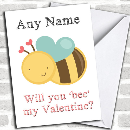Will You Bee My Valentine Personalized Valentines Card - Red Heart Print